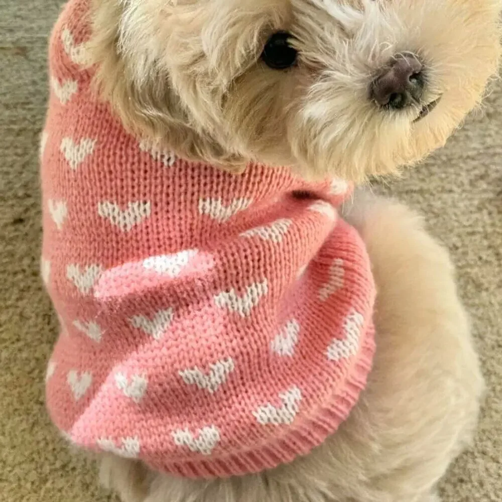 Pink Dog & Cat Sweater Knitted Heart Puppy Pullover Warm Soft Holidays Clothes - Picture 1 of 9